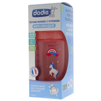 Biberon Initiation+ tétine ronde 3 vitesses rose licorne Dodie - biberon de 270ml