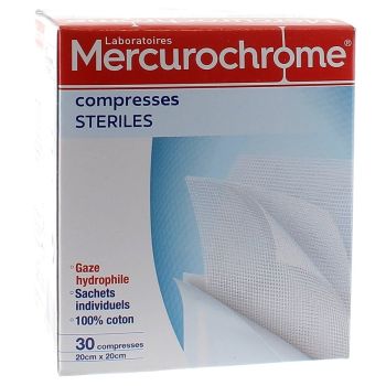 Compresses stériles coton Mercurochrome - boite de 30 compresses