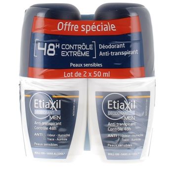 Déodorant homme anti-transpirant contrôle 48h Etiaxil - lot de 2 roll-on de 50ml