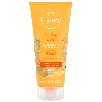 Gel douche surgras hydratant à l'aloe vera bio senteur abricot Laino - tube de 200ml