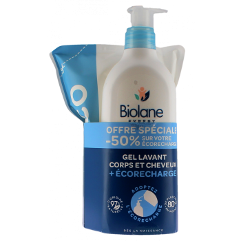Gel lavant corps et cheveux + eco-recharge Biolane - flacon-pompe et recharge de 500ml