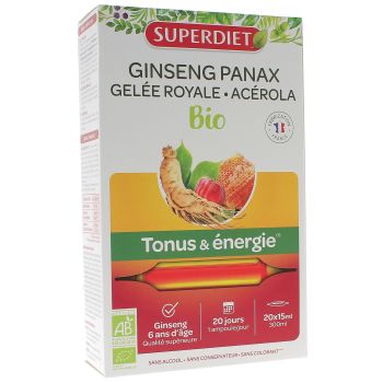 Ginseng panax gelée royale acérola bio Super Diet - boite de 20 ampoules de 15 ml