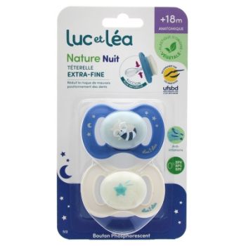 Nature Nuit sucettes anatomiques téterelle extra-fine +18 mois raton laveur & étoile filante Luc et Léa - lot de 2 sucettes