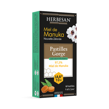 Pastilles gorge miel de manuka IAA10+ eucalyptus Herbesan - boîte de 8 pastilles