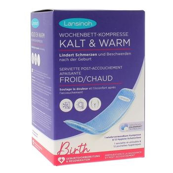 Serviette réutilisable flexible post accouchement apaisant froid/chaud Lansinoh - boîte d'une serviette + 12 pochettes jetables