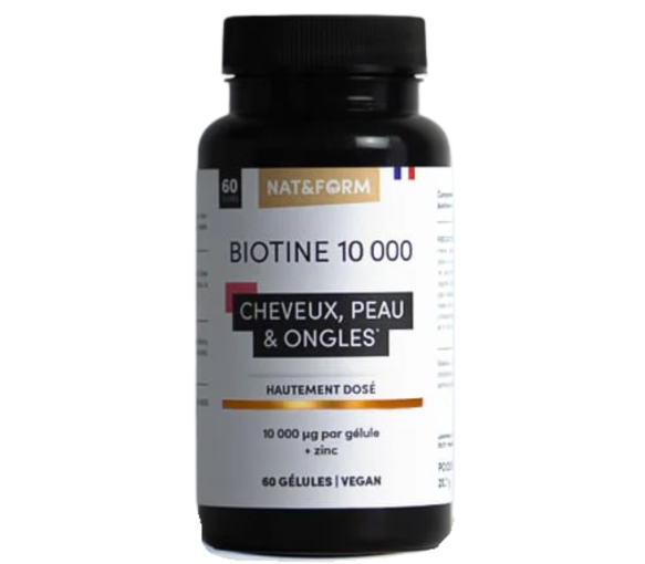 Biotine 10 000 cheveux peau et ongles Nat&Form - pot de 60 gélules