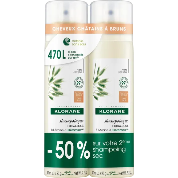 Shampoing sec extra-doux teinté cheveux châtains à bruns Klorane - lot de 2 sprays de 150ml