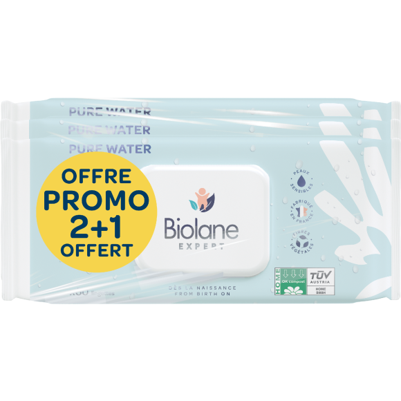 Lingettes Pure Water Biolane - lot de 3 x 60 lingettes