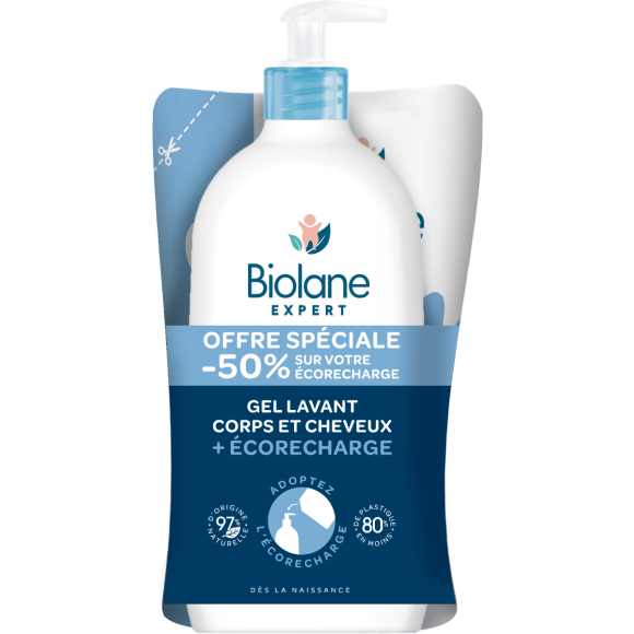 Gel lavant corps et cheveux + eco-recharge Biolane - flacon-pompe et recharge de 500ml