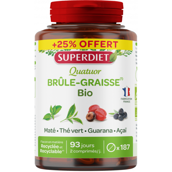 Quatuor Brûle-graisses bio Super Diet - pot de 187 comprimés + 25% offert