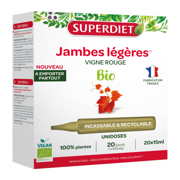 Jambes légères vigne rouge Superdiet - boîte de 20 unidoses de 15ml