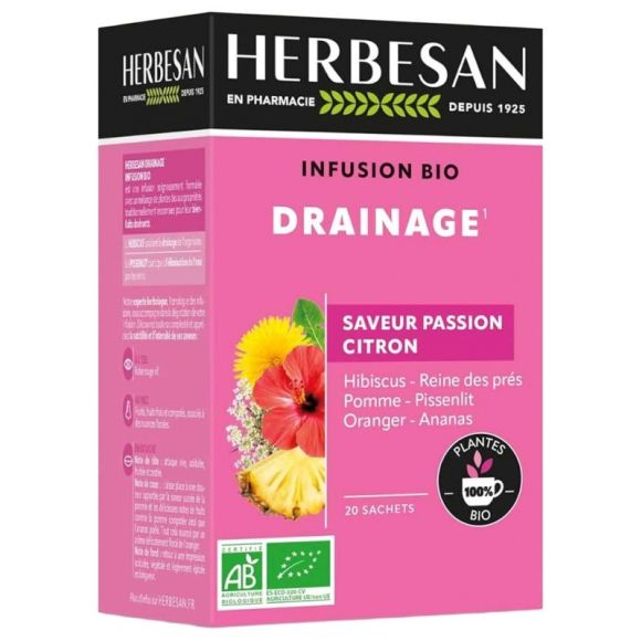 Infusion drainante BIO saveur passion citron Herbesan - boite de 20 sachets