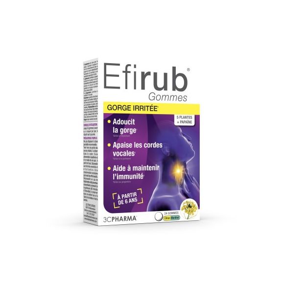 Efirub gommes gorge irritée citron menthol 3C Pharma - boîte de 24 gommes