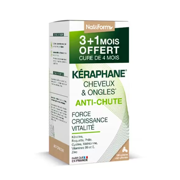 Kéraphane cheveux et ongles anti-chute Nat&Form - boite de 240 gélules offre spéciale 3+1 mois offert