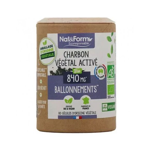 Charbon végétal activé bio ballonnements Nat&Form - boite de 80 gélules