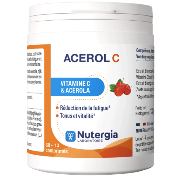 Acerol C vitamine C & acérola Nutergia - pot de 60+12 comprimés 