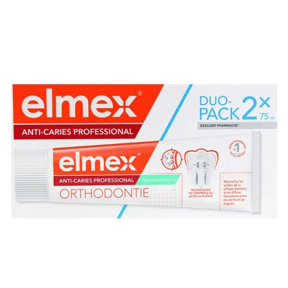 Dentifrice anti-caries professional Orthodontie Elmex - lot de 2 tubes de 75ml