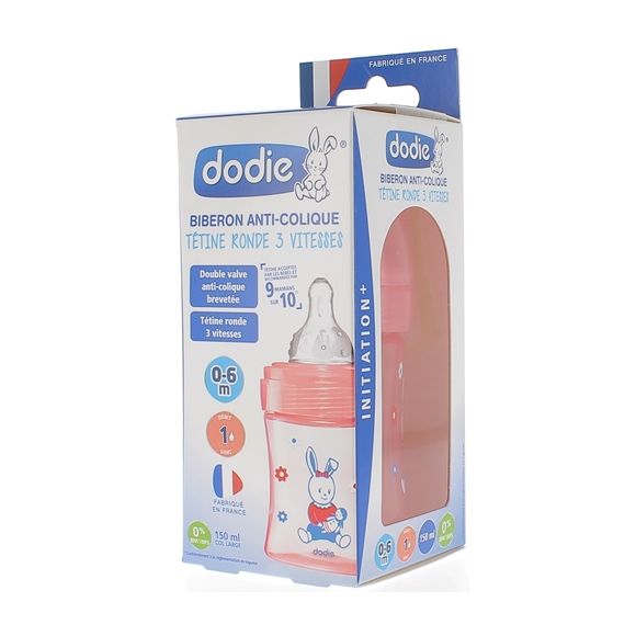 Biberon Initiation+ tétine ronde 3 vitesses rose poupée 0-6mois Dodie - Biberon de 150ml