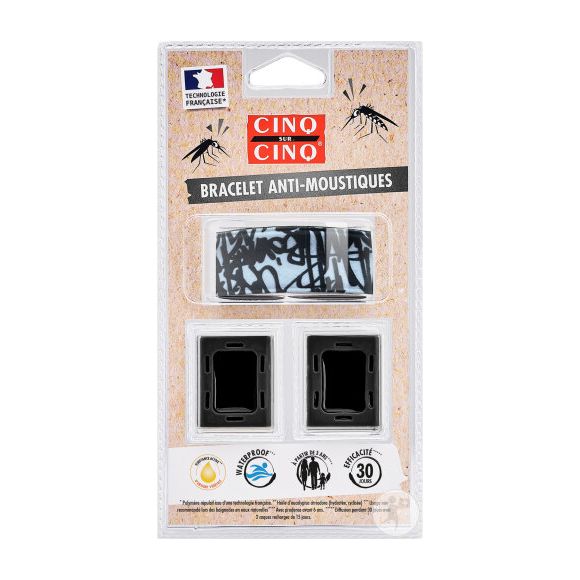 Bracelet anti-moustiques noir graffiti Cinq sur Cinq - un bracelet + 2 recharges