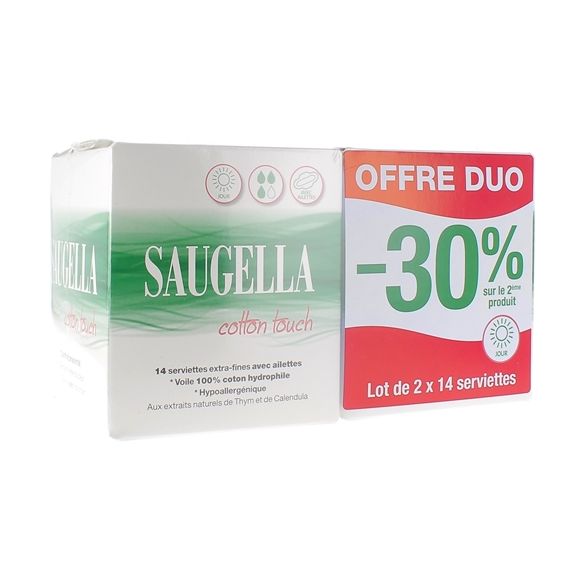 Cotton Touch Serviettes extra-fines avec ailettes jour Saugella - lot de 2 boîtes de 14 serviettes