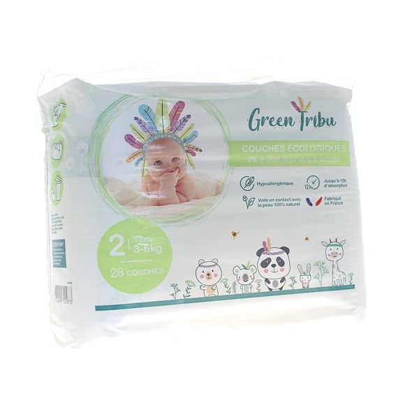 Couches écologiques taille 2 (3-6 kg) Green Tribu - paquet de 28 couches