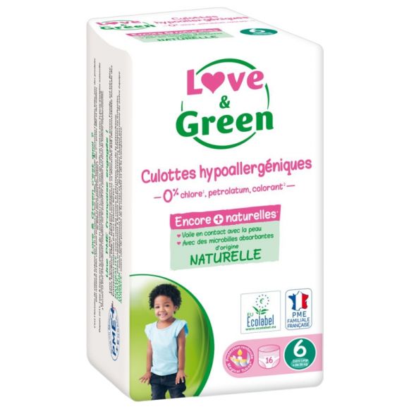Culottes hypoallergéniques taille 6 (+ 16 kg) Love & Green - paquet de 16 culottes