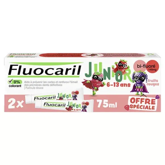 Dentifrice junior 1ères dents définitives fruits rouges Fluocaril - lot de 2 tubes de 75 ml