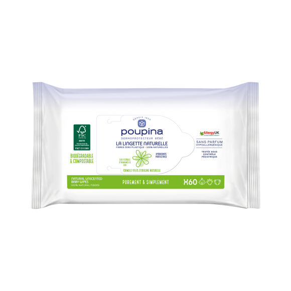 Lingette naturelle Poupina - paquet de 60 lingettes