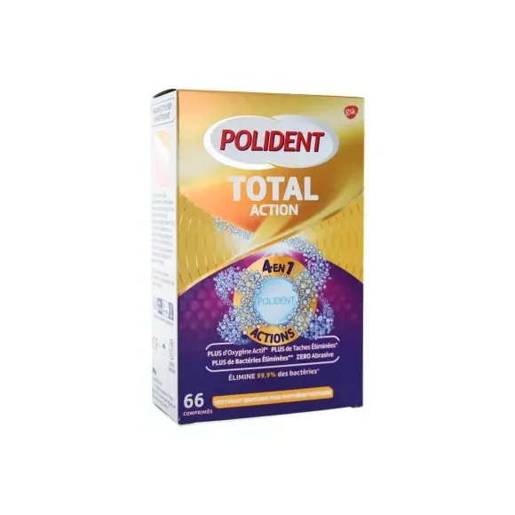 Total action nettoyant 4 en 1 pour appareils dentaires Polident - boîte de 66 comprimés