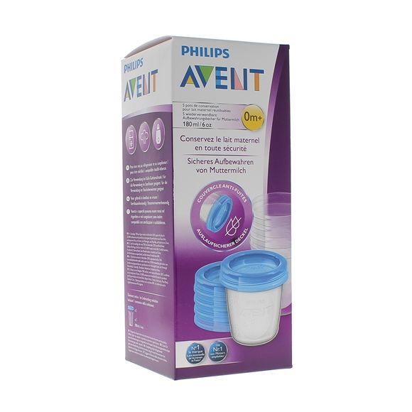 Pots de conservation lait maternel réutilisables 0 mois et + Avent - boîte de 5 pots de 180 ml