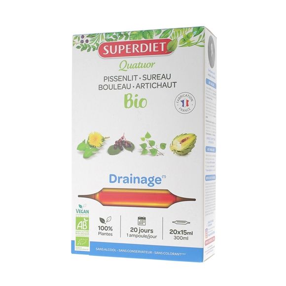 Quatuor BIO Drainage : pissenlit, sureau, bouleau, artichaut Super Diet - 20 ampoules