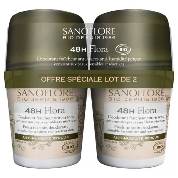 Flora déodorant efficacité 48h bio Sanoflore - lot de 2 roll-on de 50 ml