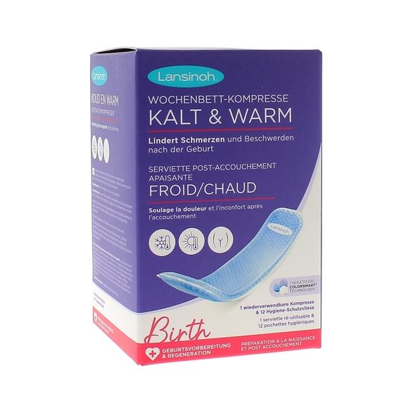 Serviette réutilisable flexible post accouchement apaisant froid/chaud Lansinoh - boîte d'une serviette + 12 pochettes jetables