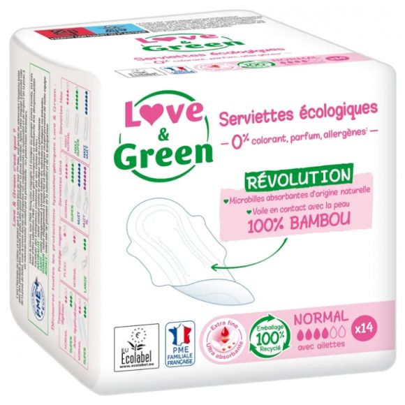 Serviettes hypoallergéniques Normal Love & Green - sachet de 14 serviettes