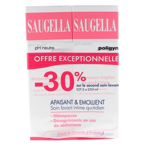 Soin lavant intime quotidien apaisant et émollient Saugella - lot de 2 flacons de 250 ml