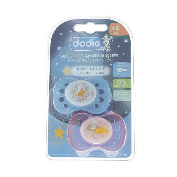 Sucettes anatomiques +6 mois spéciales nuit Dodie - lot de 2 sucettes