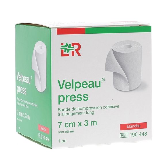 Velpeau Press Bande de compression cohésive à allongement long - boîte d'une bande blanche de 7x3cm