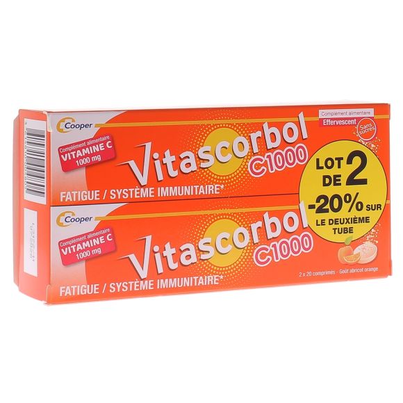 Vitascorbol C1000 vitamine C Cooper - lot de 2 boîtes de 20 comprimés effervescents