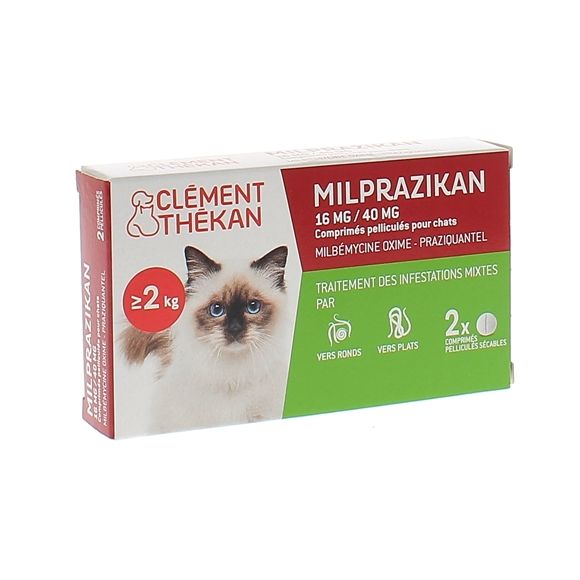 Milprazikan 16 mg / 40 mg comprimé pelliculé pour chats Clément Thékan - boite de 2 comprimés