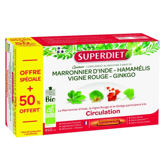Quatuor Vigne Rouge Circulation Bio Super Diet - boite de 30 Ampoules