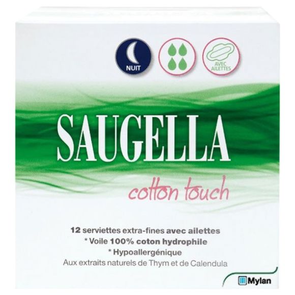 Cotton touch serviette extra-fine avec ailettes nuit Saugella - boite de 12 serviettes